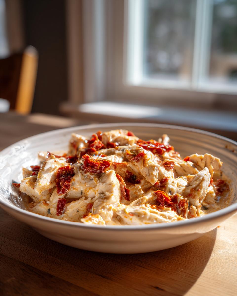 Close-up of creamy crockpot marry me chicken pieces topped with vibrant sun-dried tomatoes in a white bowl.