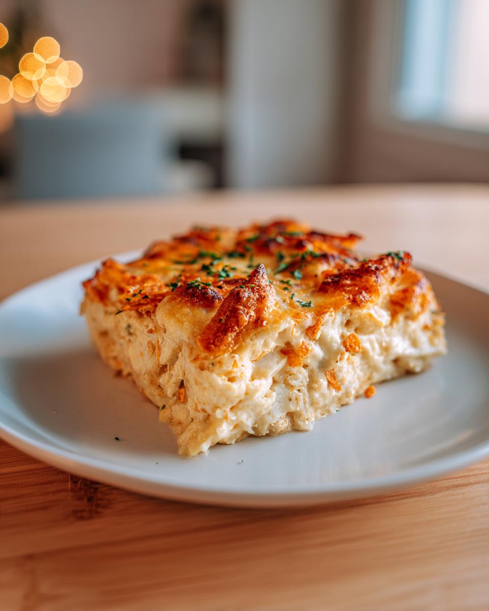 A close-up of a creamy slice of Dorito Casserole with a golden, baked cheese topping and fresh parsley.