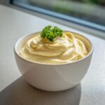 A creamy, pale yellow bowl of thick homemade mayonnaise, garnished with fresh parsley on top.