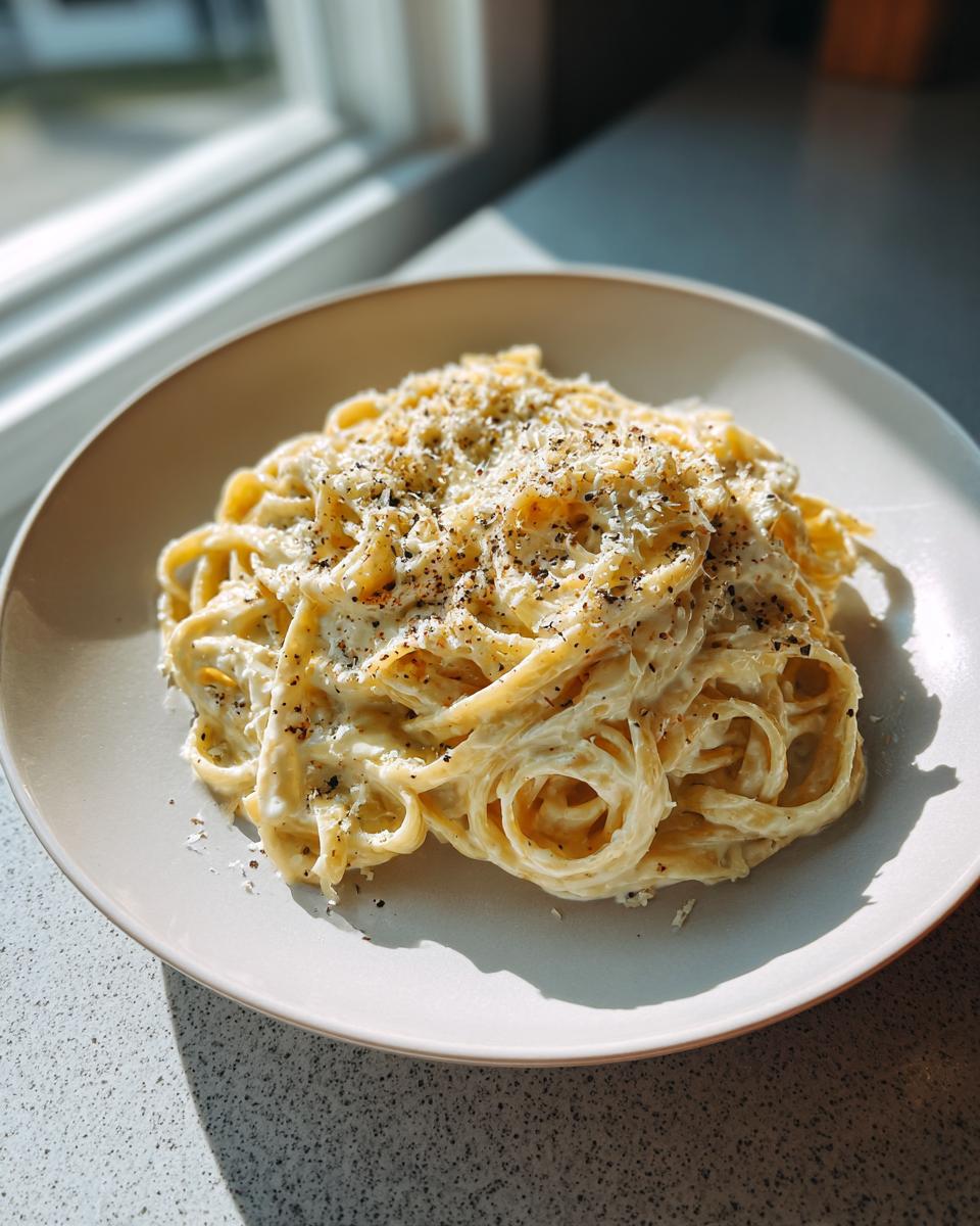 A plate of fettuccine coated in rich homemade alfredo sauce, topped with grated cheese and black pepper.