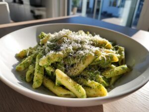 A close-up of a white bowl filled with creamy pesto pasta (penne) topped generously with grated Parmesan cheese.