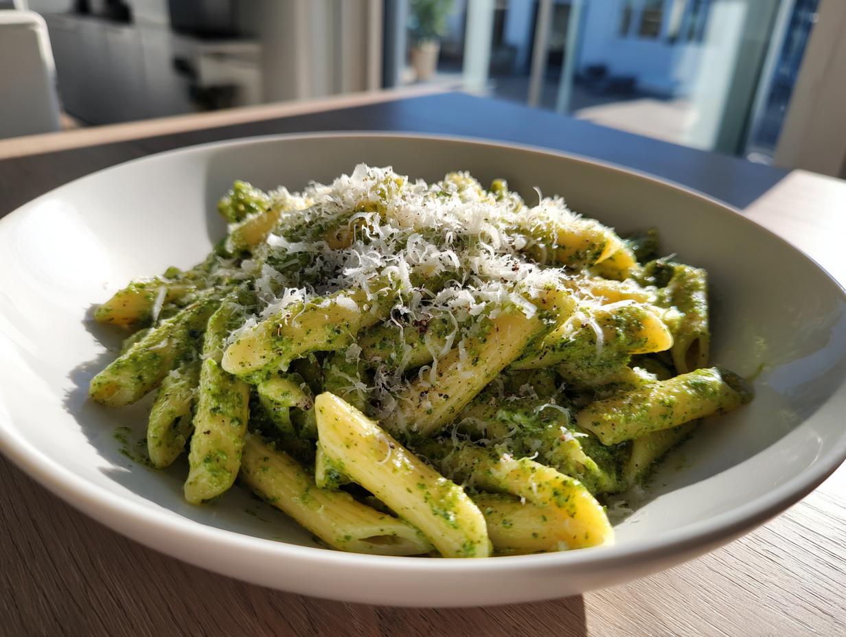 A close-up of a white bowl filled with creamy pesto pasta (penne) topped generously with grated Parmesan cheese.