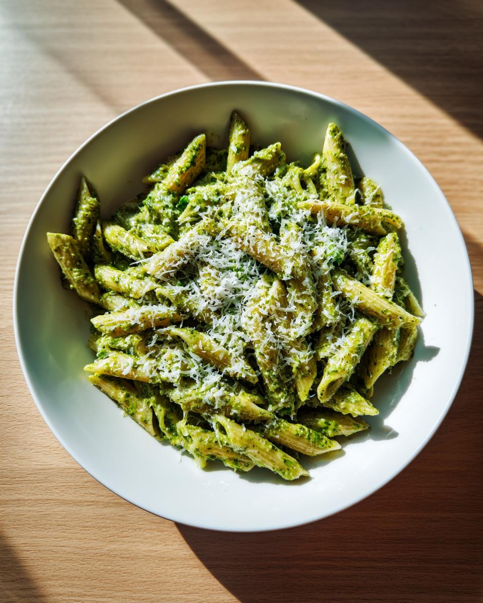 Overhead shot of a white bowl filled with creamy pesto pasta (penne) topped generously with grated Parmesan cheese.