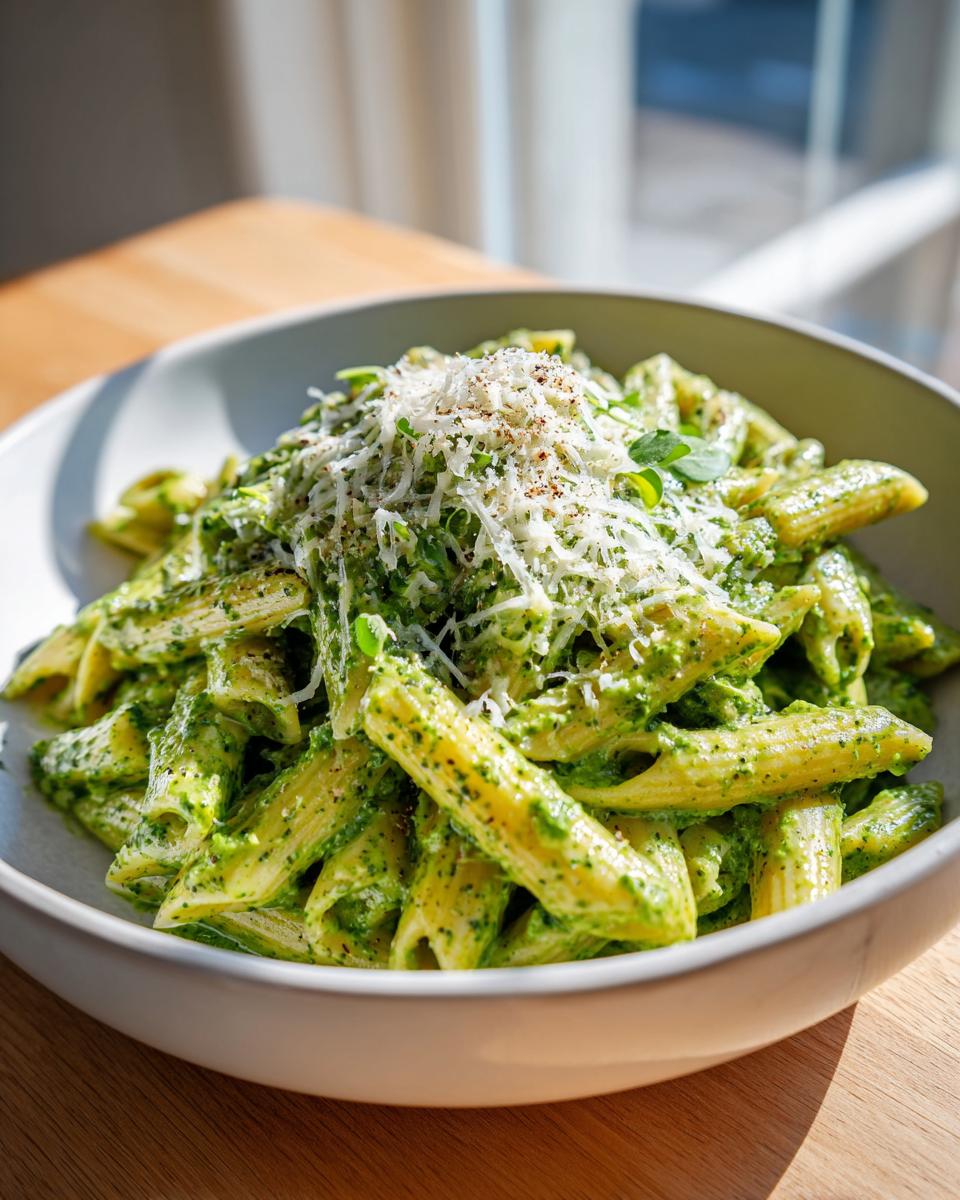 A close-up bowl of creamy pesto pasta (penne) topped generously with shredded Parmesan cheese and black pepper.