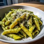 A white bowl filled with penne pasta coated in vibrant green creamy pesto pasta sauce, topped with grated Parmesan and black pepper.