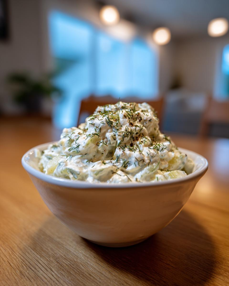 A white bowl filled high with creamy pickle dip, topped generously with fresh dill.