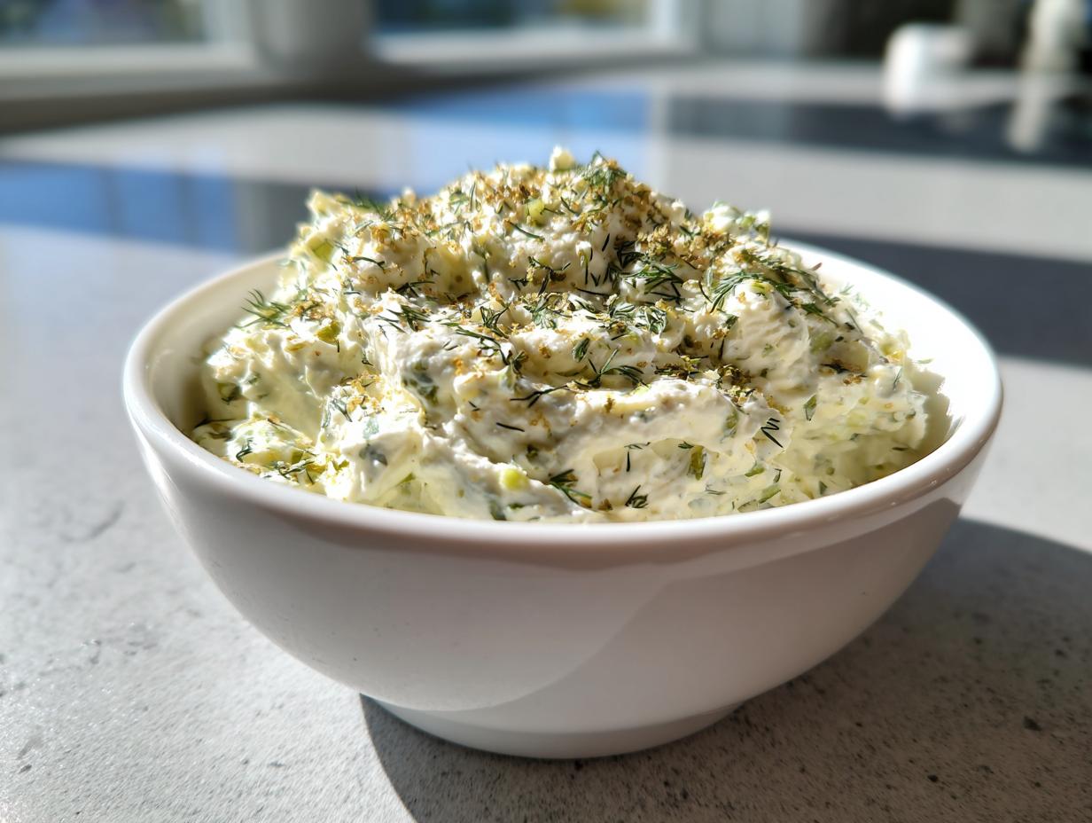 A close-up of creamy pickle dip topped generously with fresh dill and spices, served in a white bowl.
