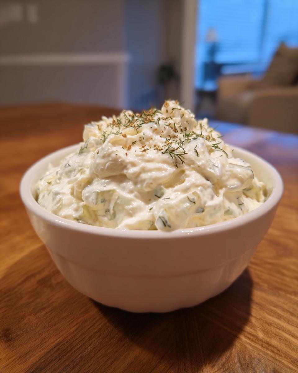 A close-up of a creamy pickle dip topped with fresh dill, served in a white bowl on a wooden table.
