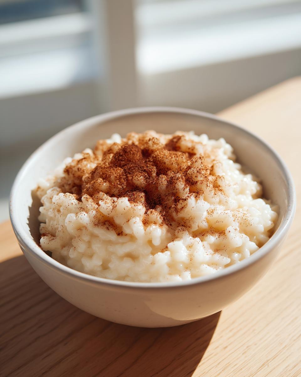 Close-up of a bowl of creamy rice pudding generously topped with ground cinnamon.