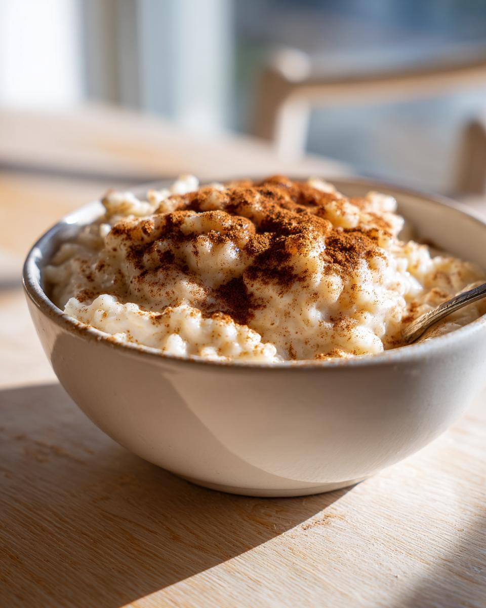 Close-up of a bowl of creamy rice pudding generously topped with ground cinnamon.