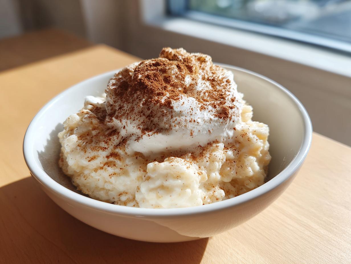 A close-up of creamy rice pudding topped with whipped cream and a dusting of cinnamon.