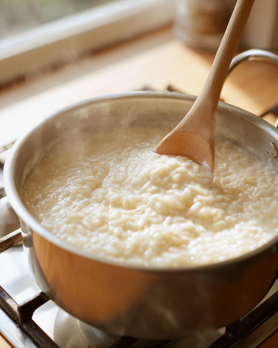 A wooden spoon stirs thick, creamy rice pudding simmering in a stainless steel pot on a stovetop.