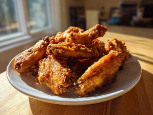 A pile of golden brown, crispy air fryer chicken wings served on a white plate, beautifully lit by sunlight.