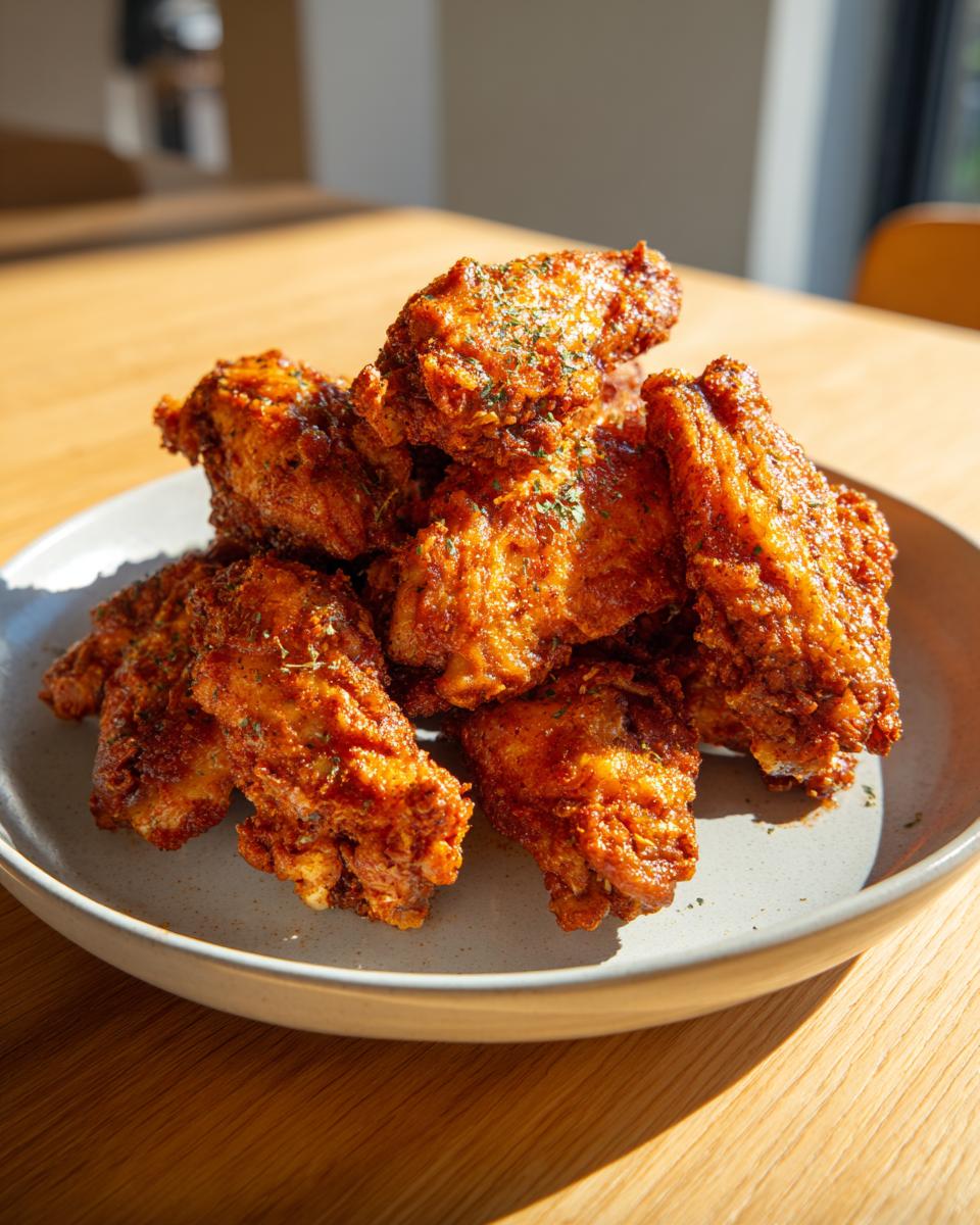 A pile of golden brown, crispy air fryer chicken wings sprinkled with herbs on a light gray plate.