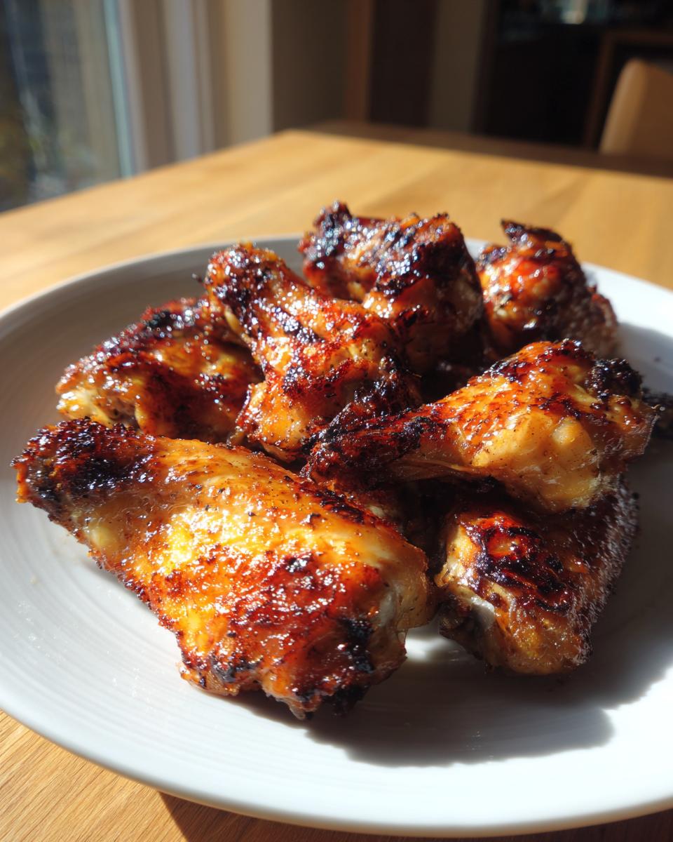 A close-up of several glossy, caramelized crispy air fryer chicken wings piled on a white plate.