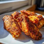 Close-up of several seasoned, crispy air fryer chicken wings arranged on a white plate under bright sunlight.