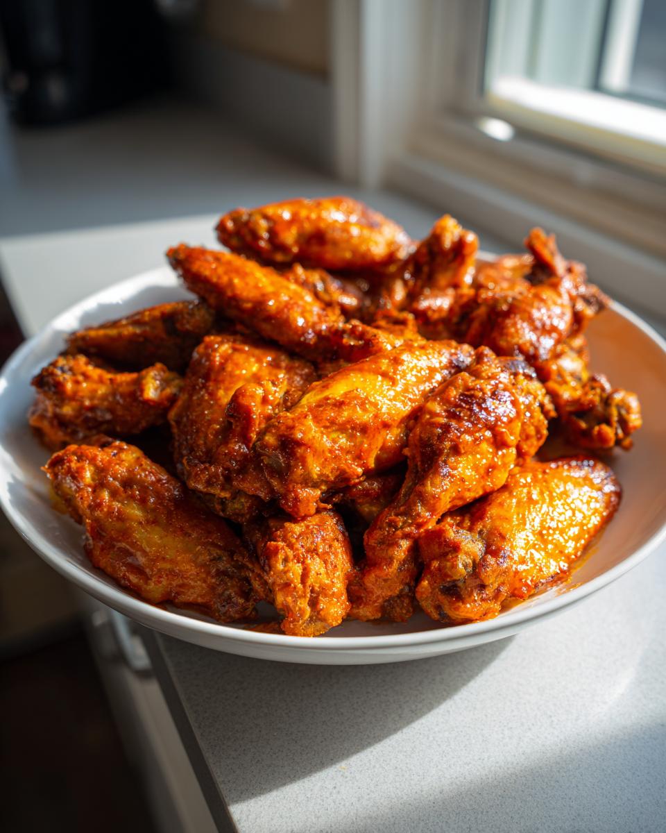 A white bowl piled high with glossy, orange-red crispy baked chicken wings, highlighted by natural light.