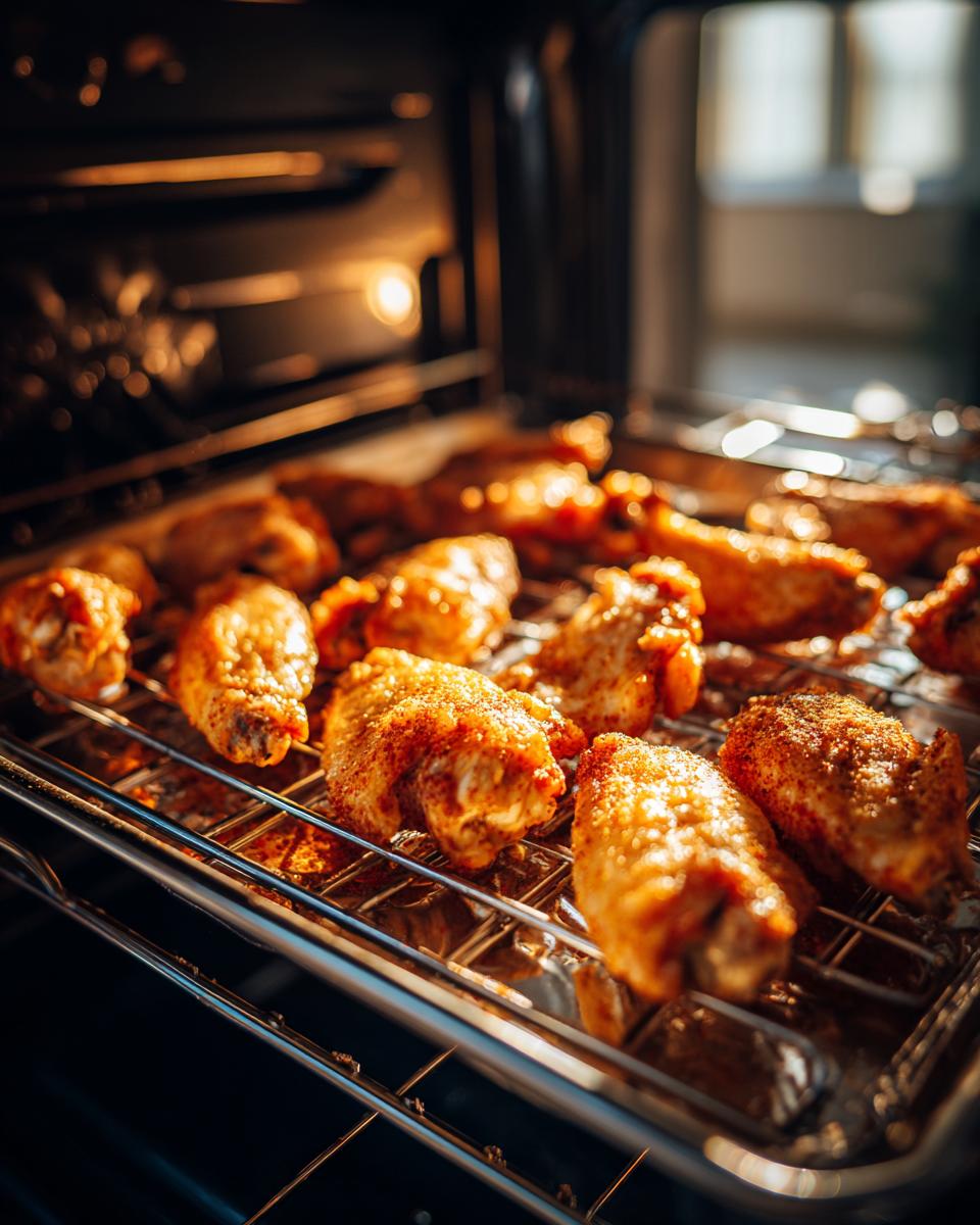 Close-up of golden brown crispy baked chicken wings cooking on a wire rack inside an oven.