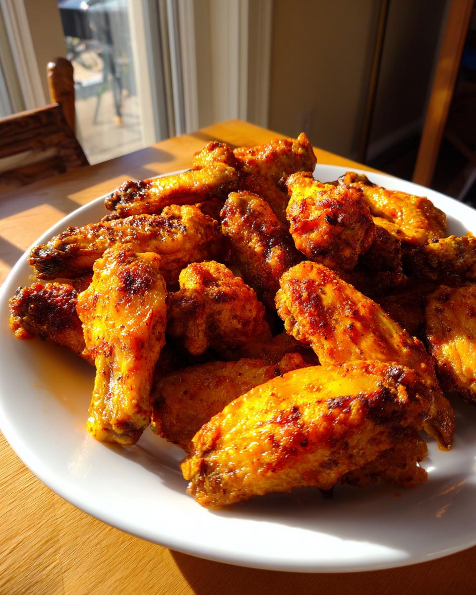 A close-up of a white plate piled high with golden, seasoned crispy baked chicken wings, illuminated by natural sunlight.