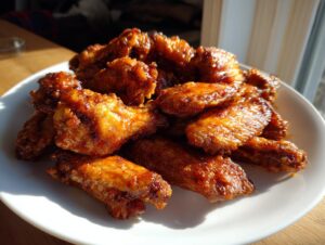 A close-up of a white plate piled high with glossy, saucy, crispy baked chicken wings, catching the sunlight.