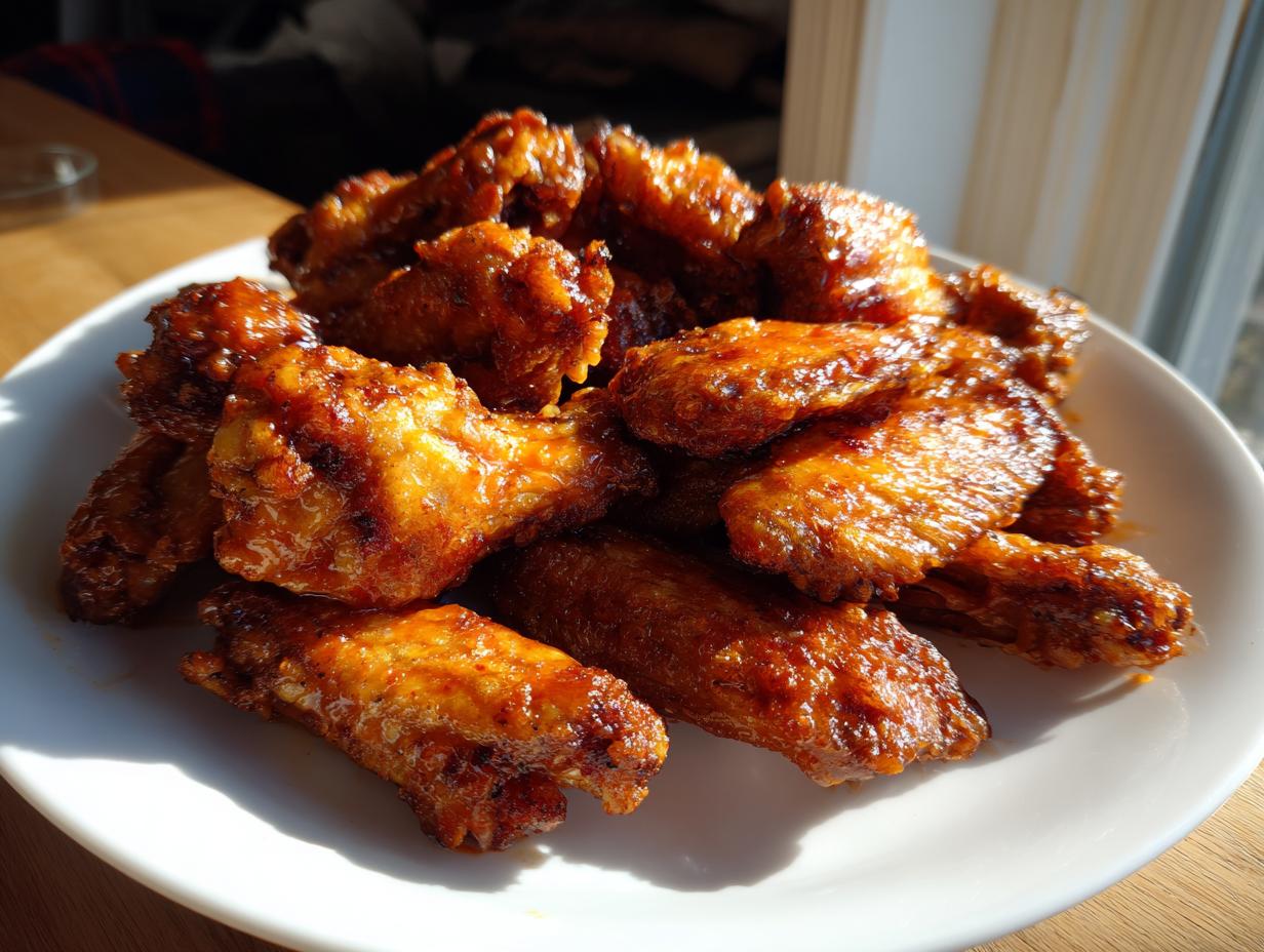A close-up of a white plate piled high with glossy, saucy, crispy baked chicken wings, catching the sunlight.