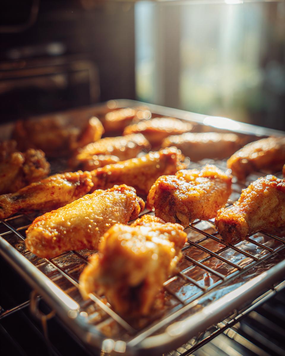 Golden brown, crispy chicken wings cooking on a wire rack inside an oven, catching the sunlight.
