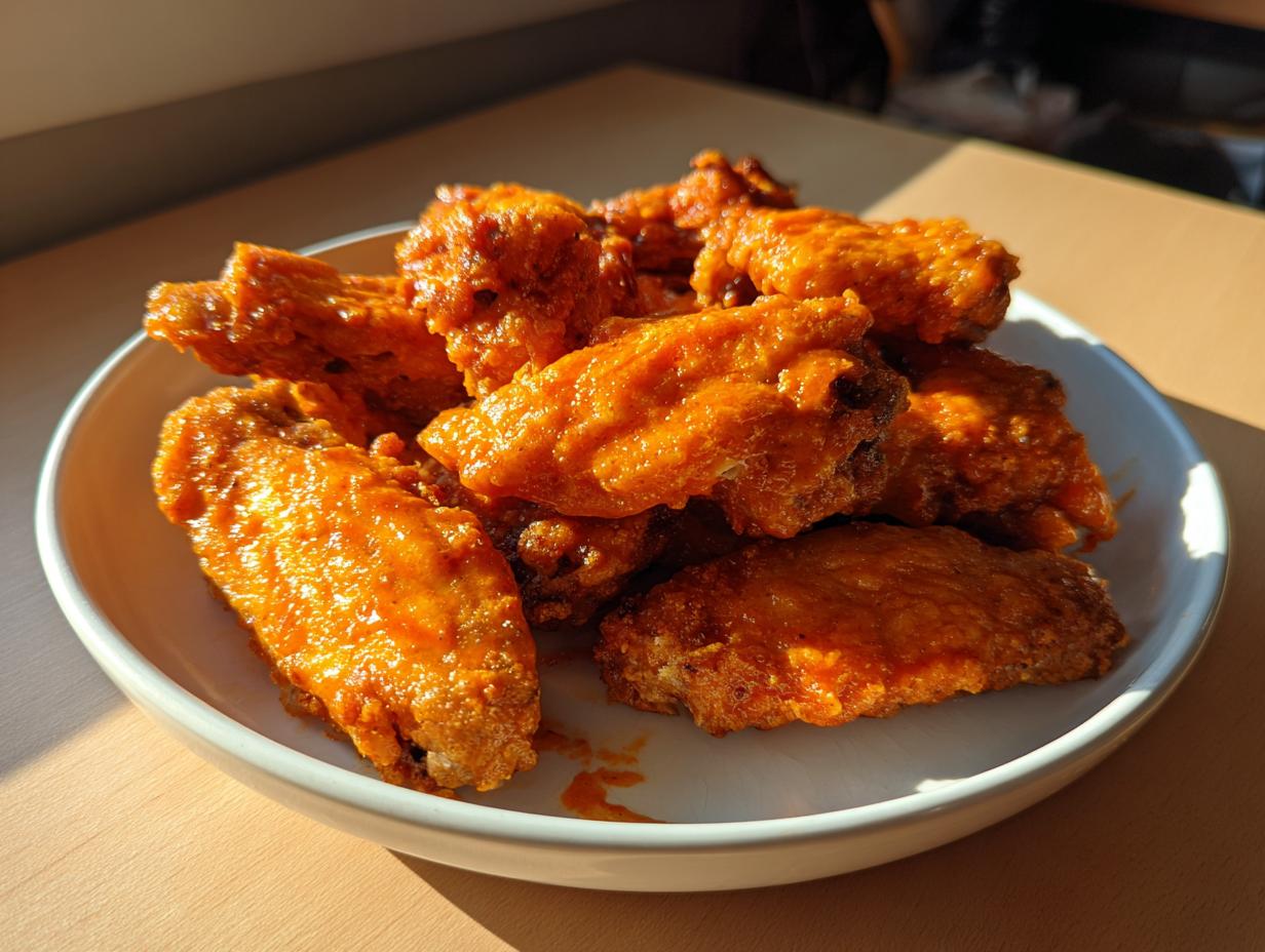 A close-up of several crispy, sauce-coated chicken wings piled high in a white bowl.