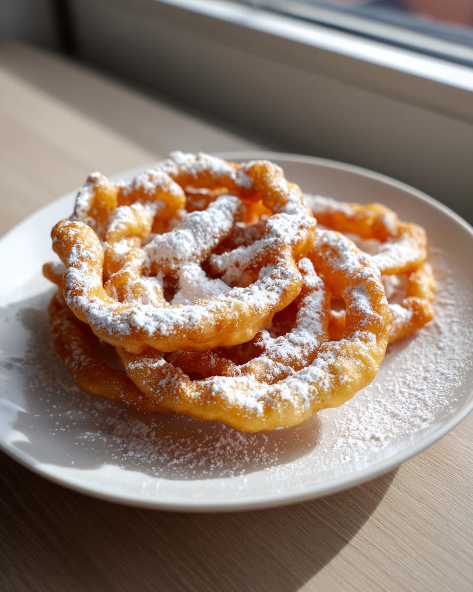 Three golden brown funnel cake pastries generously dusted with white powdered sugar on a white plate.