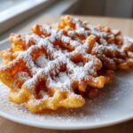 Close-up of golden brown, crispy funnel cake recipe portions heavily dusted with white powdered sugar on a white plate.