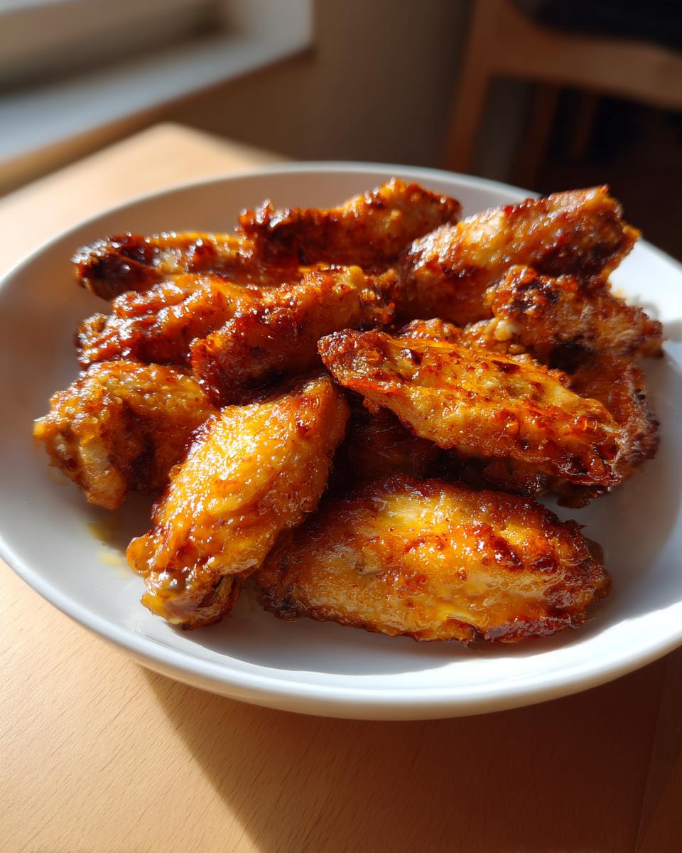A close-up of perfectly crispy, glazed chicken wings piled high on a white dish, ready to eat.