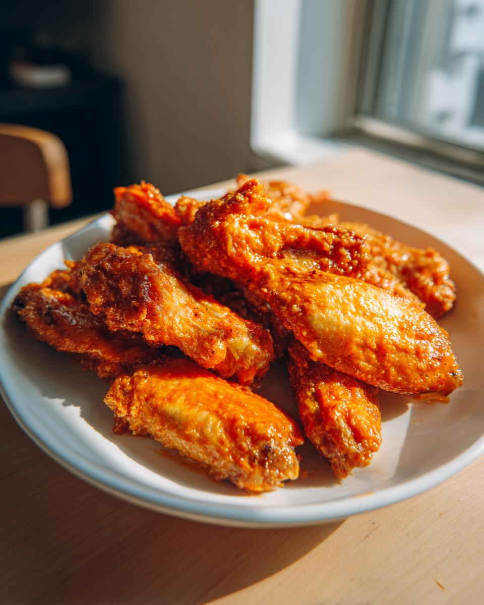 A close-up of several saucy, crispy chicken wings piled on a white plate, highlighted by bright sunlight.