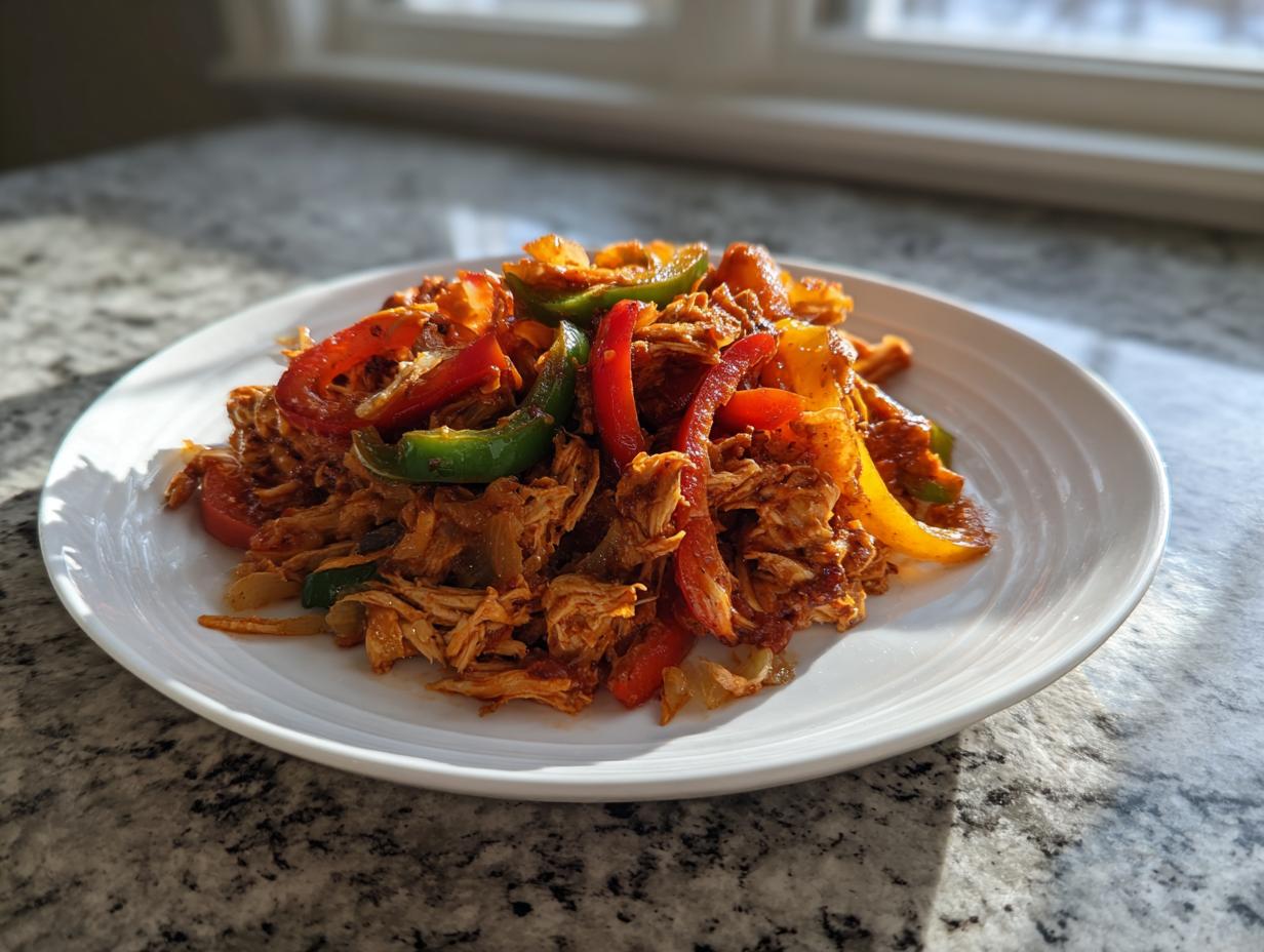 A white plate piled high with shredded crockpot chicken fajitas mixed with colorful sautéed bell peppers and onions.