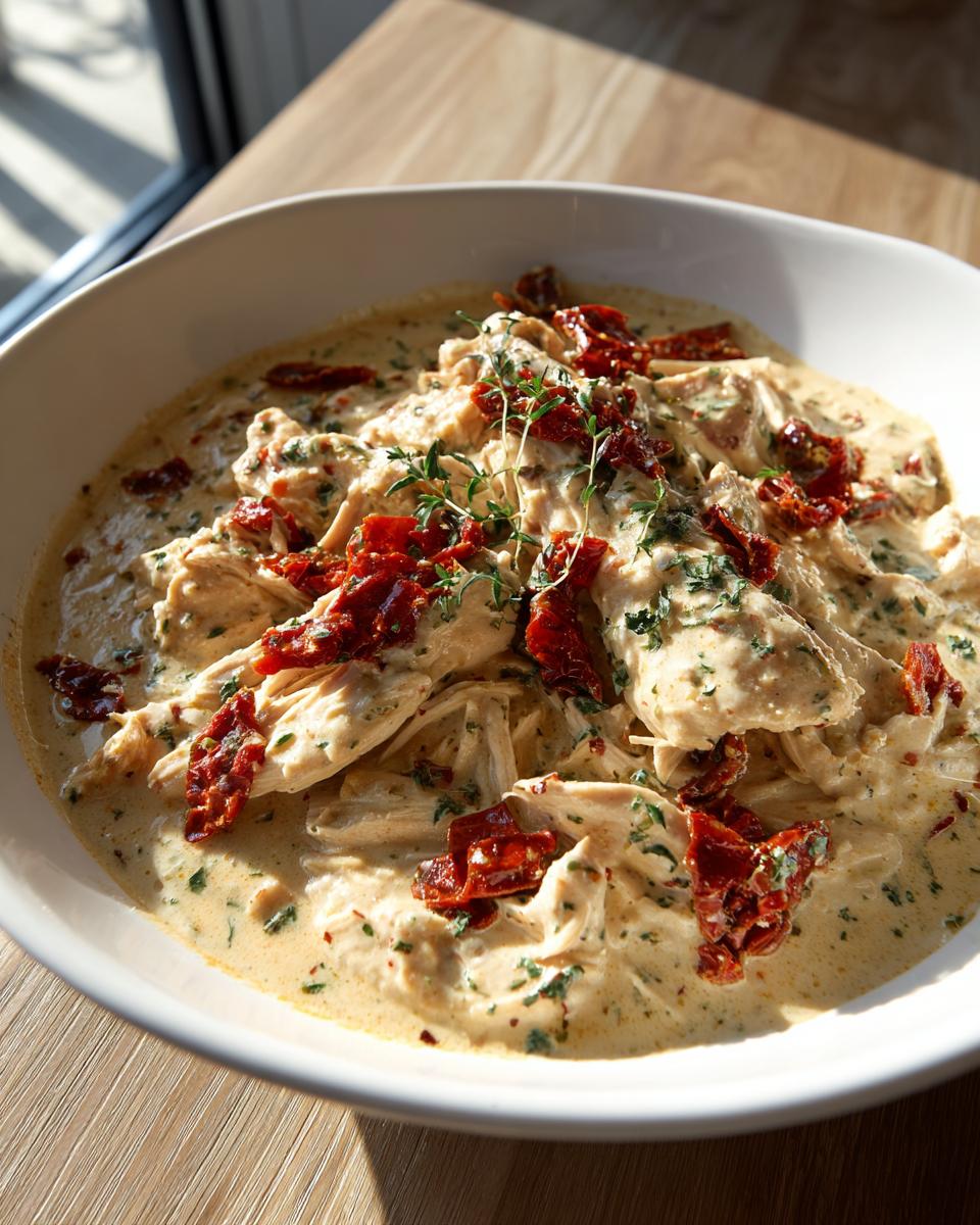 Close-up of shredded crockpot marry me chicken in a creamy sauce, topped with sun-dried tomatoes and fresh thyme.