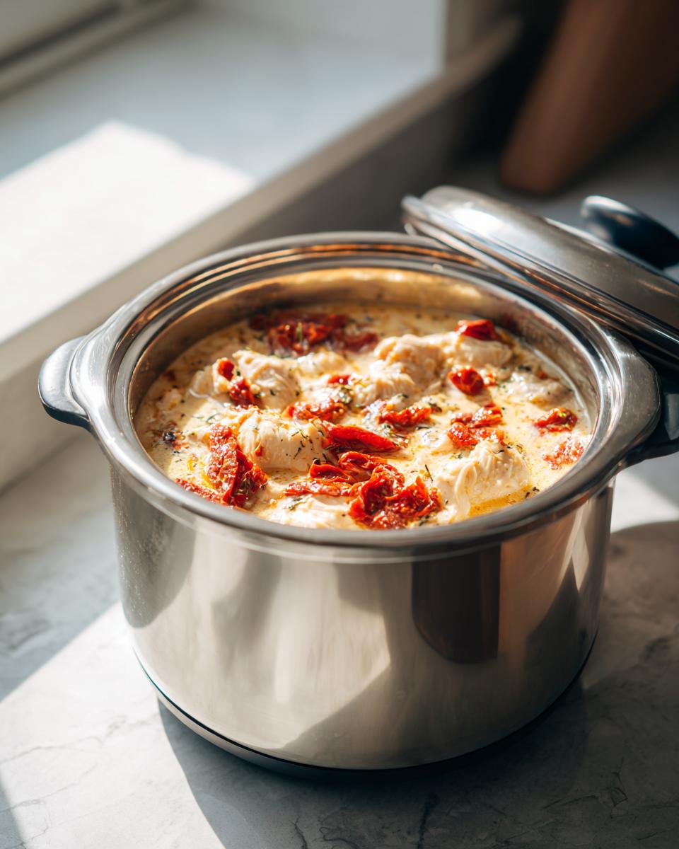 A stainless steel pot filled with creamy crockpot marry me chicken topped with sun-dried tomatoes.