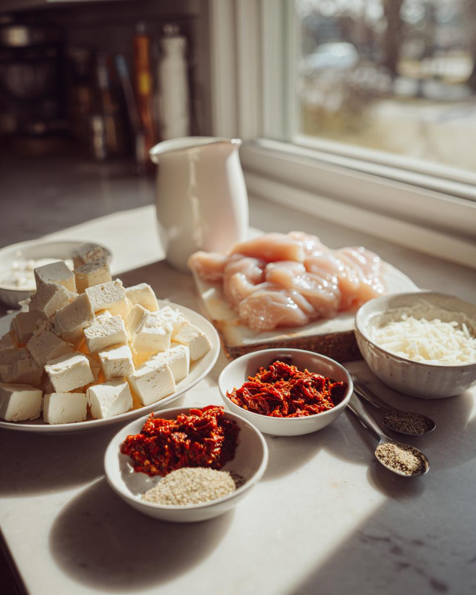 Mise en place ingredients including cubed feta, raw chicken breasts, sun-dried tomatoes, and spices for crockpot marry me chicken.