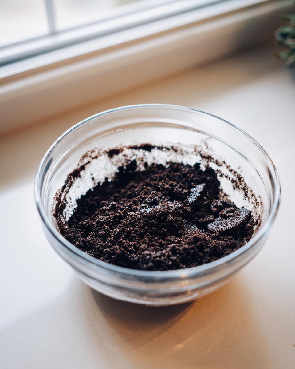A clear glass bowl containing finely crushed chocolate cookies, likely for an oreo cheesecake crust.
