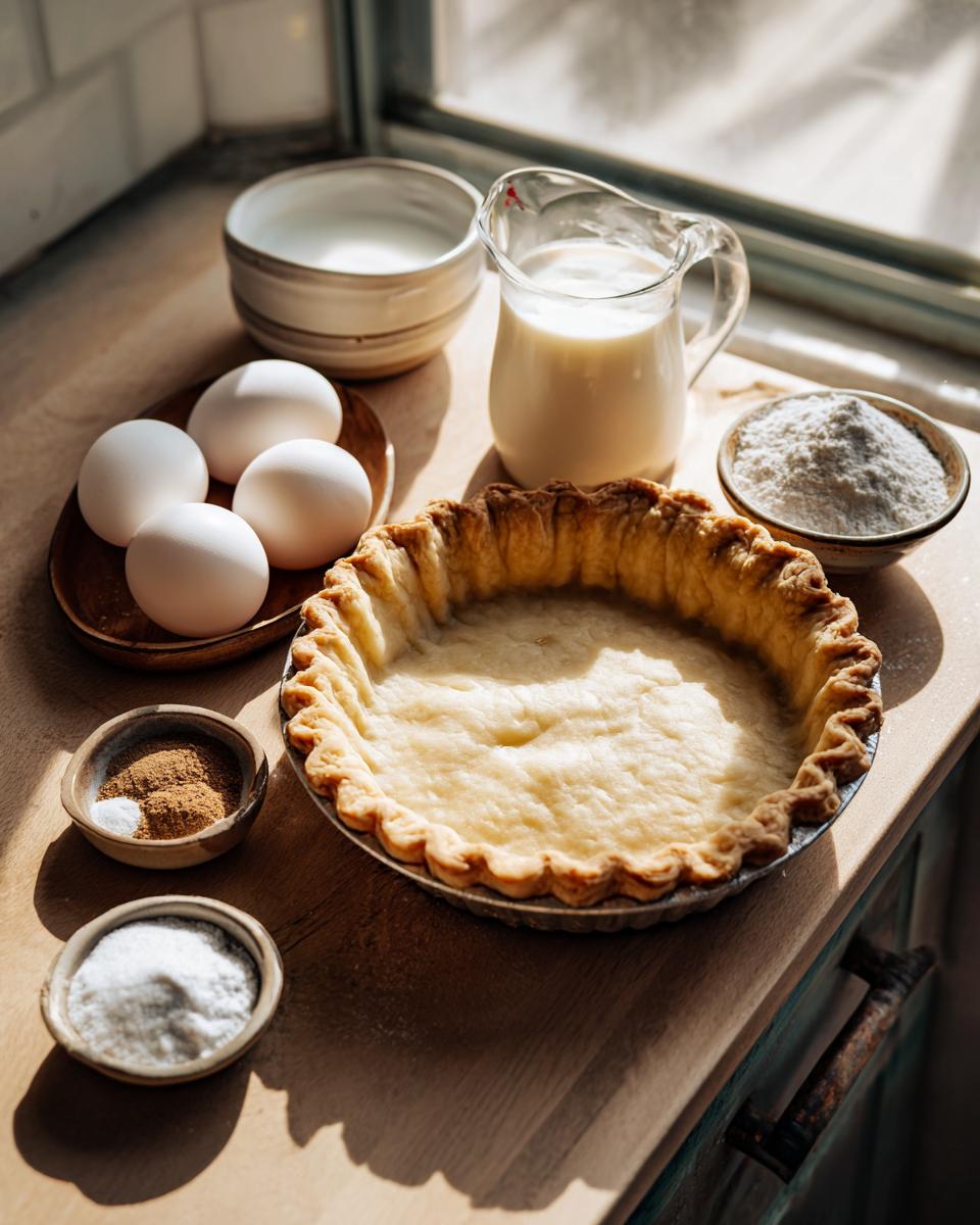 Ingredients laid out for making a custard pie, including eggs, milk, flour, spices, and an unbaked pie crust.