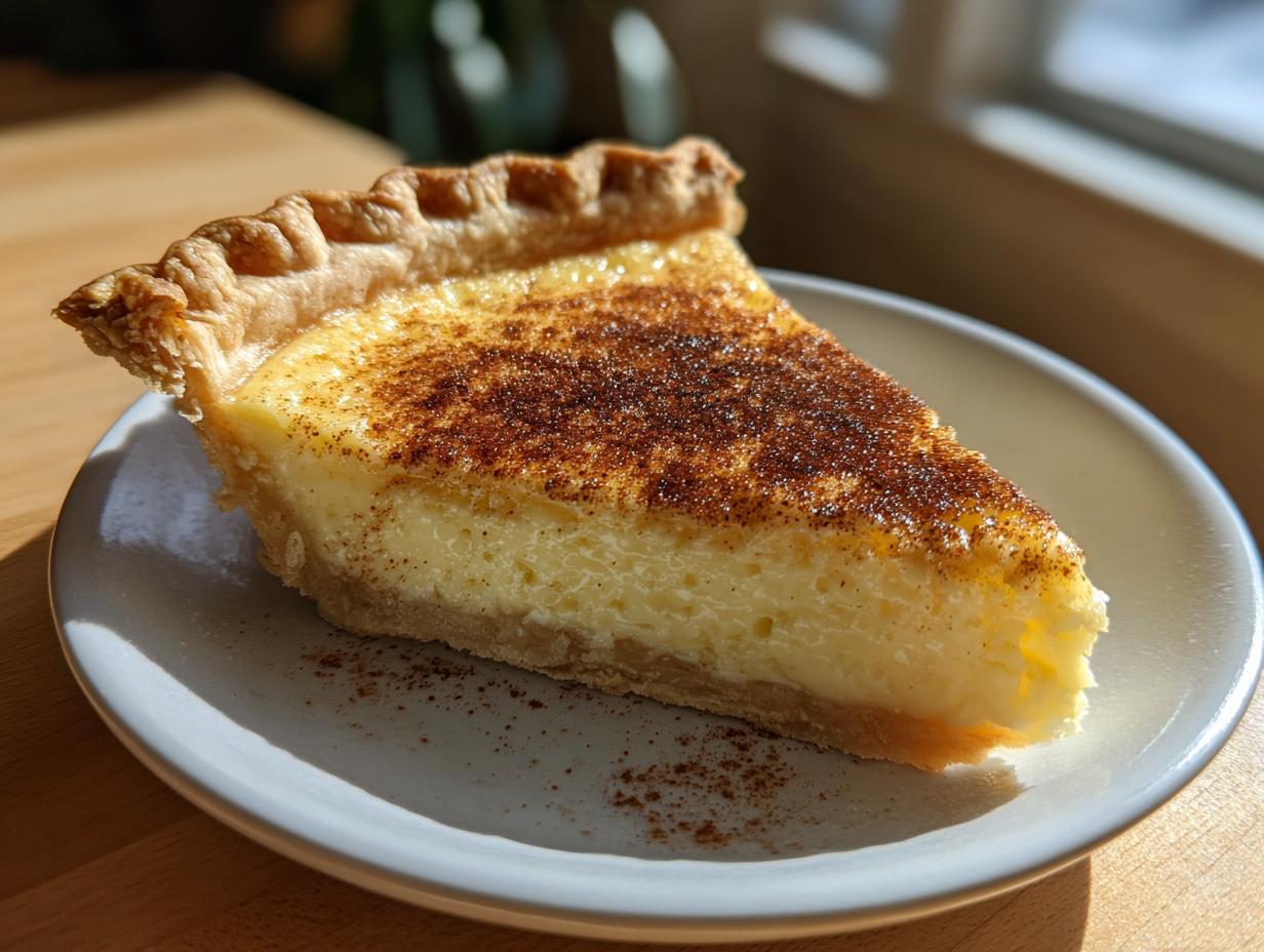 A close-up of a perfect slice of creamy custard pie, topped generously with sprinkled cinnamon.
