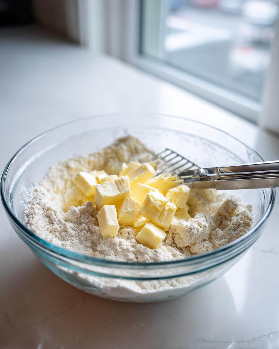 Cubed cold butter sits atop flour in a glass bowl, ready to be cut in for making shortcake dough.