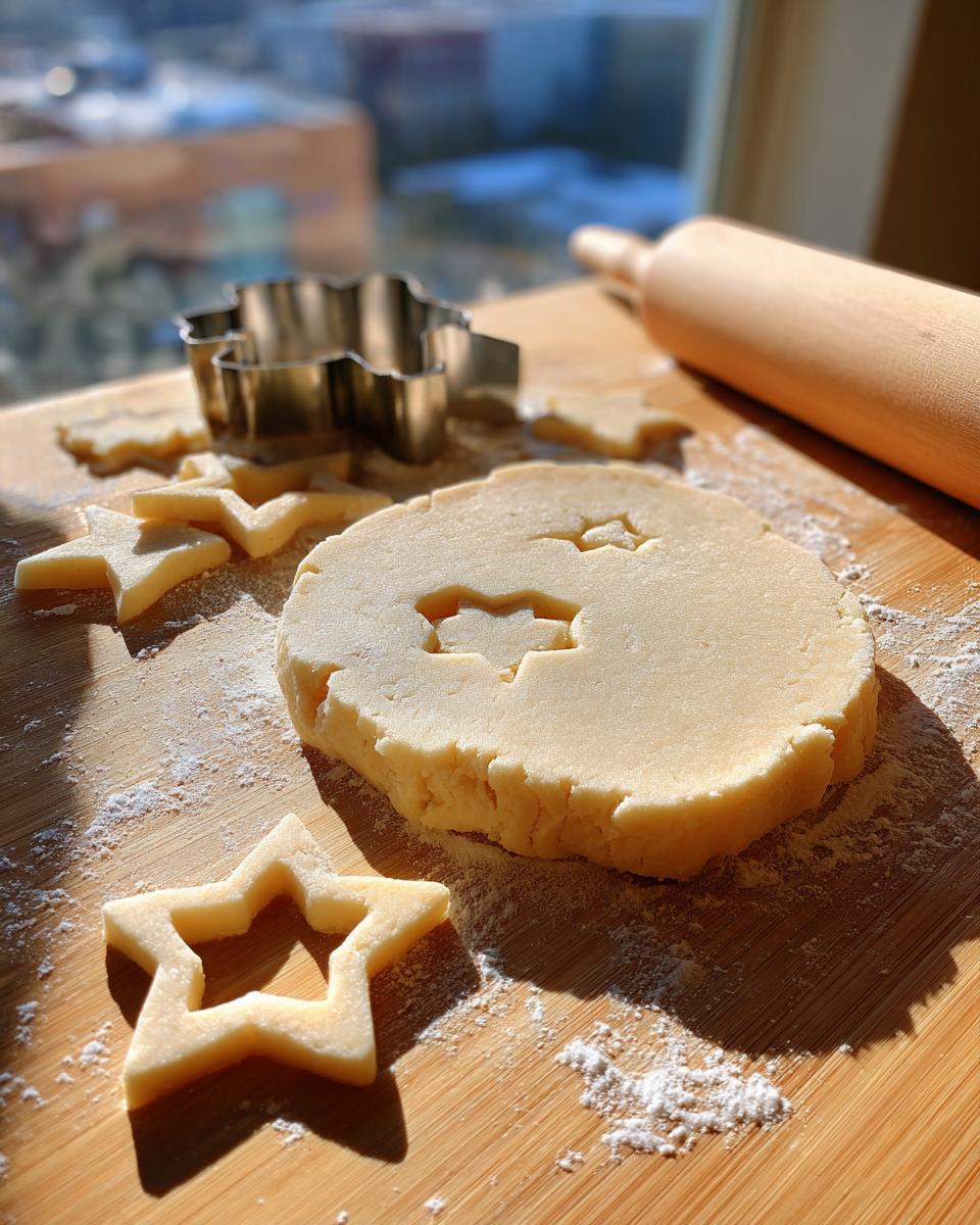 Raw dough for sugar cookies being cut into star shapes using a metal cookie cutter on a wooden board.