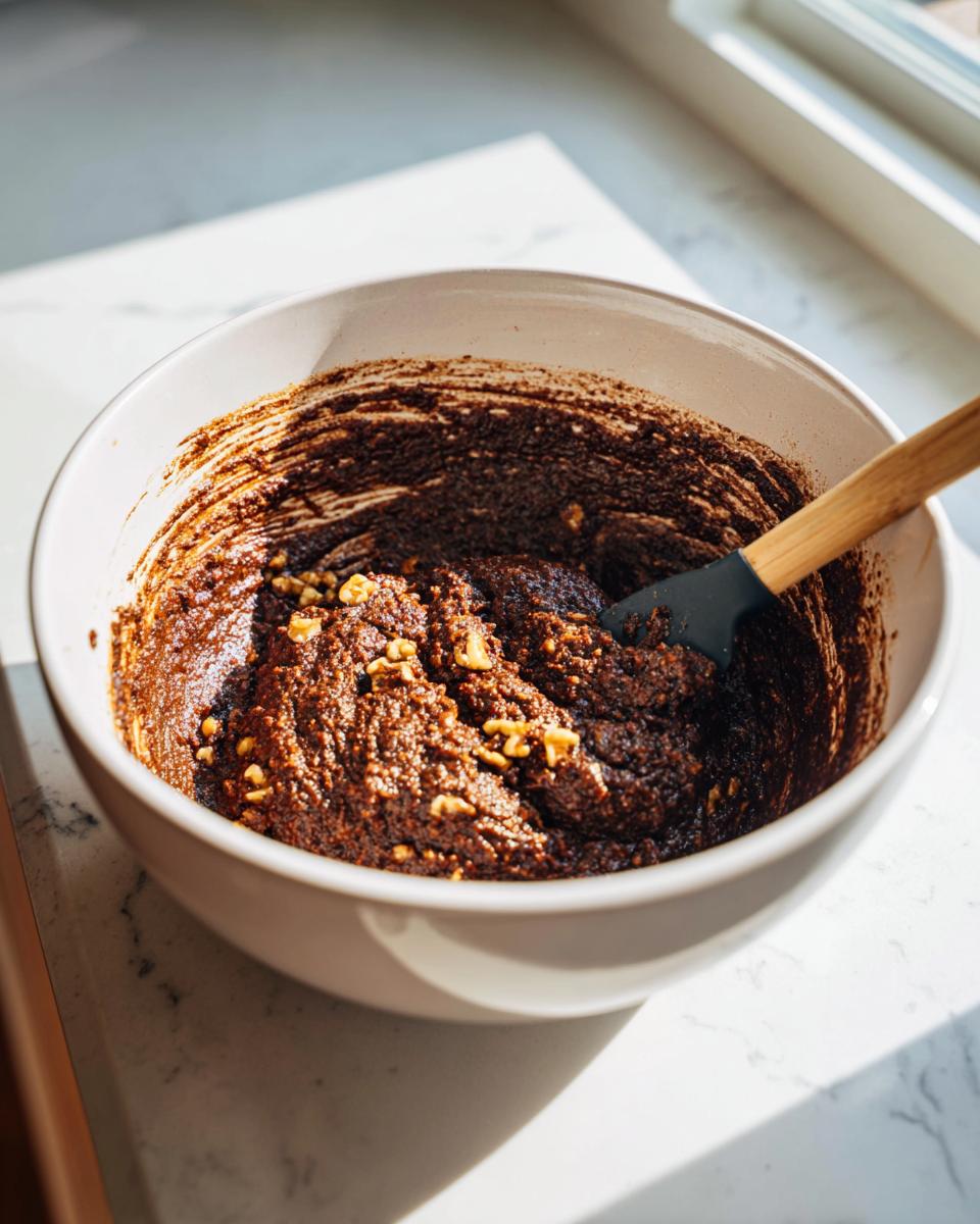 Close-up of thick, dark brown batter for date nut bread being mixed with a spatula in a white bowl.