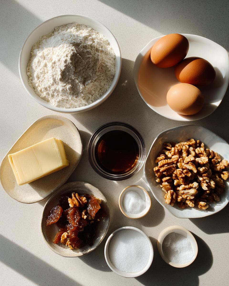 Overhead view of ingredients for date nut bread, including flour, eggs, butter, walnuts, dates, and sugar.