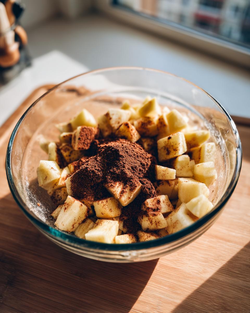 Close-up of diced apples in a glass bowl topped with cinnamon mixture for an apple crumb cake.
