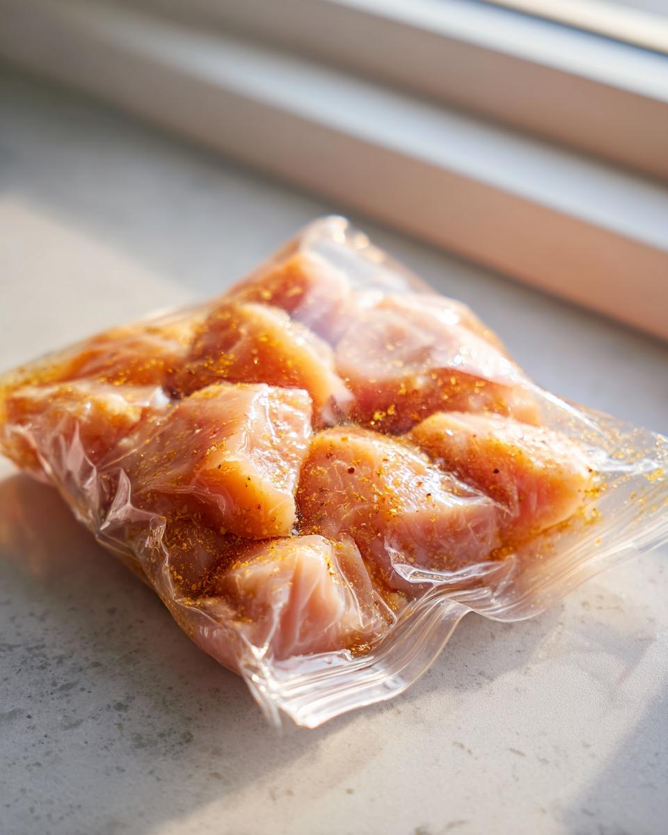 Close-up of diced raw chicken pieces coated in spices, marinating inside a clear zip-top bag, demonstrating a simple chicken marinade.