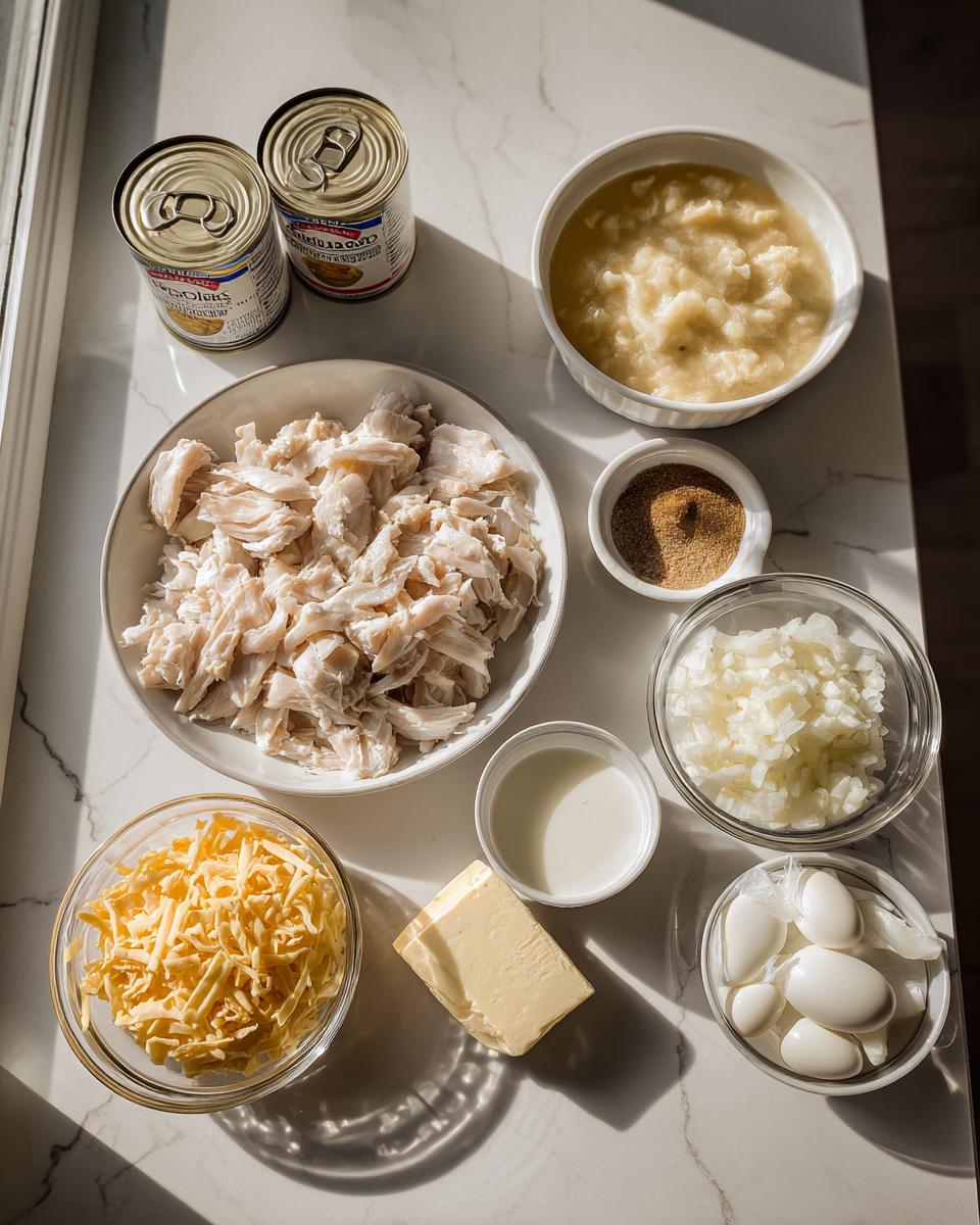 Overhead shot of ingredients laid out for Dorito Casserole, including shredded chicken, cheese, canned soup, and onions.