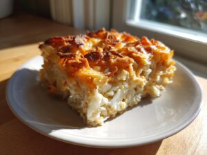 A square serving of creamy Dorito Casserole with a golden, crispy topping, sitting on a white plate near a window.