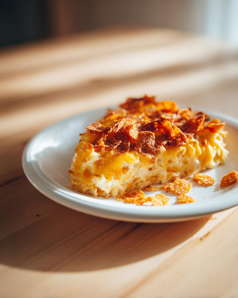 A close-up slice of cheesy Dorito Casserole topped with crushed, baked chips on a white plate.
