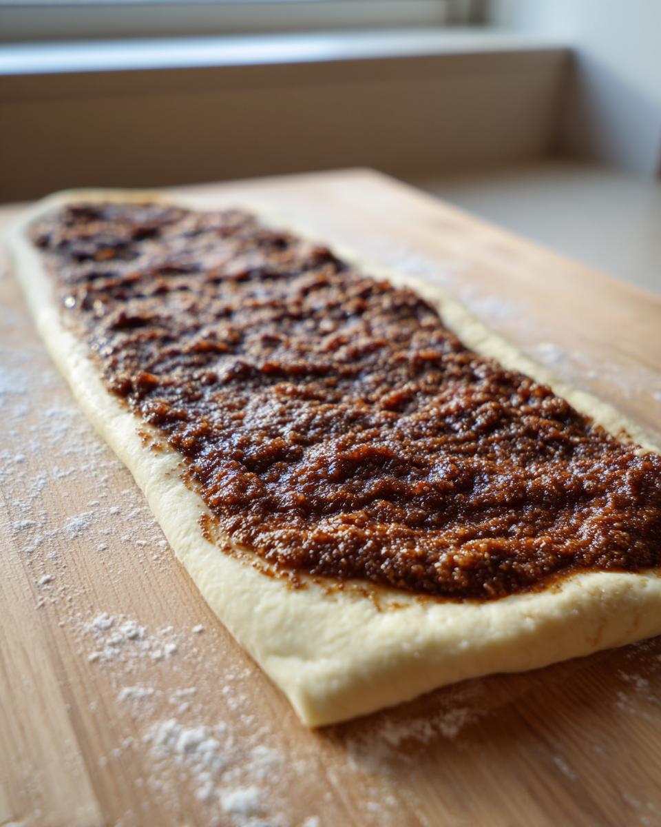 Rectangular dough spread with rich brown cinnamon roll filling, ready to be rolled up.