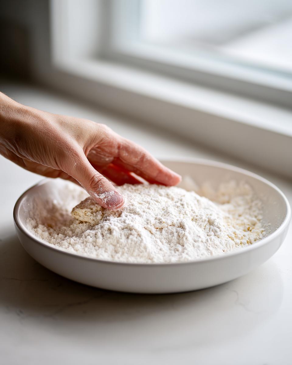 A hand lightly presses a piece of chicken into a bowl of flour while preparing chicken marsala.