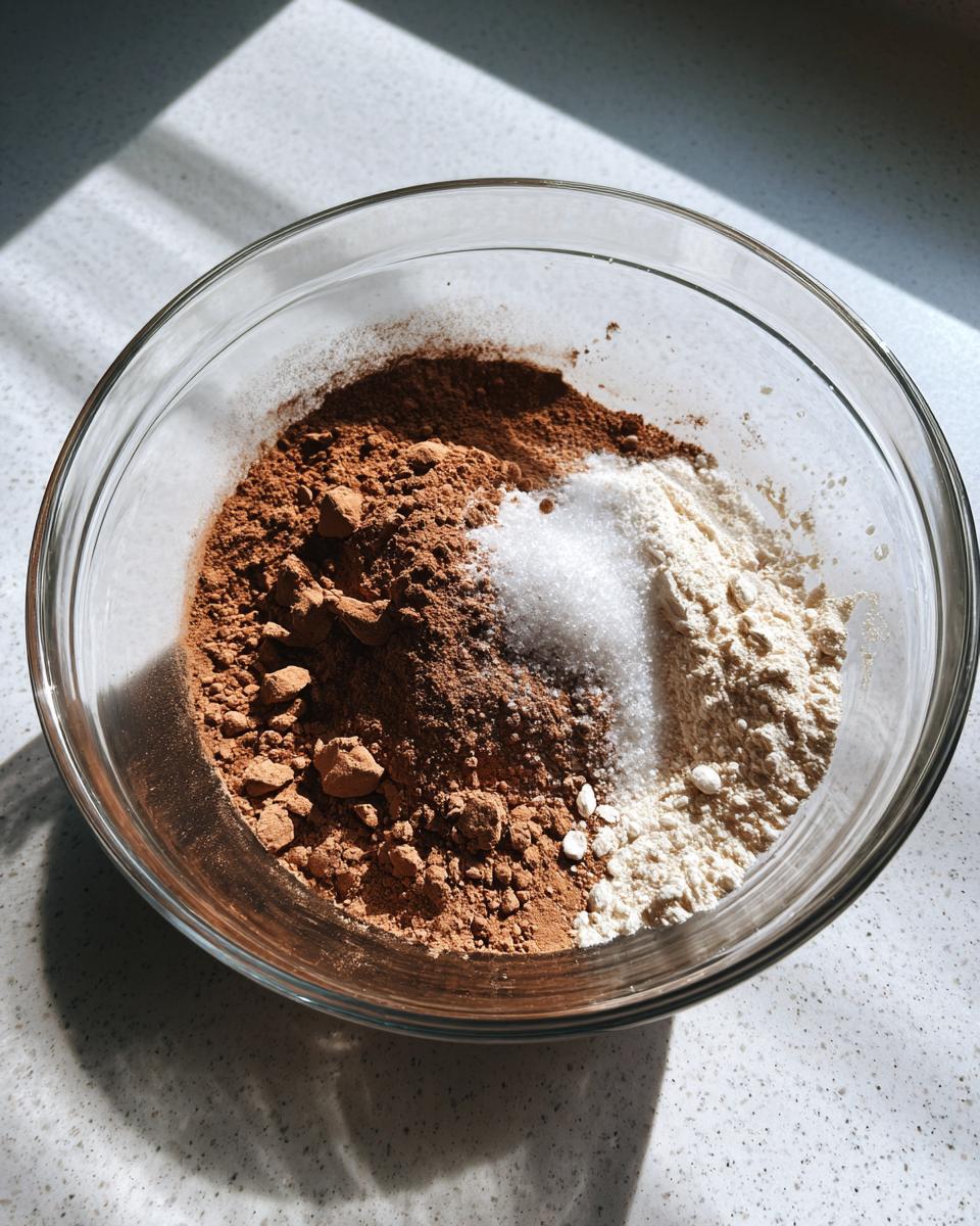 Dry ingredients including cocoa powder, sugar, and flour measured in a clear glass bowl for making hot fudge pie.